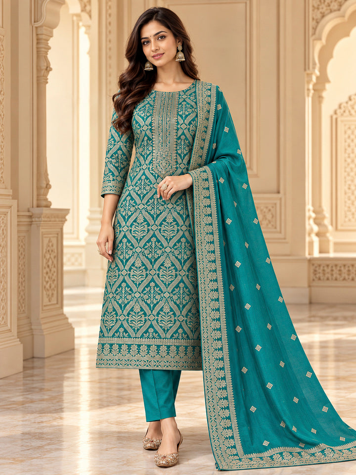 Rama Green Cotton Blend Embroidered Unstitched Dress Material