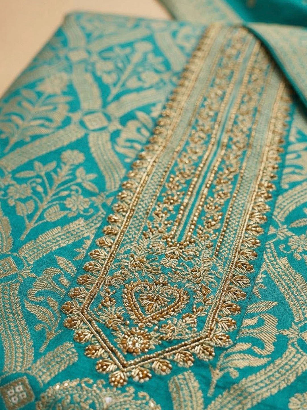 Rama Green Cotton Blend Embroidered Unstitched Dress Material