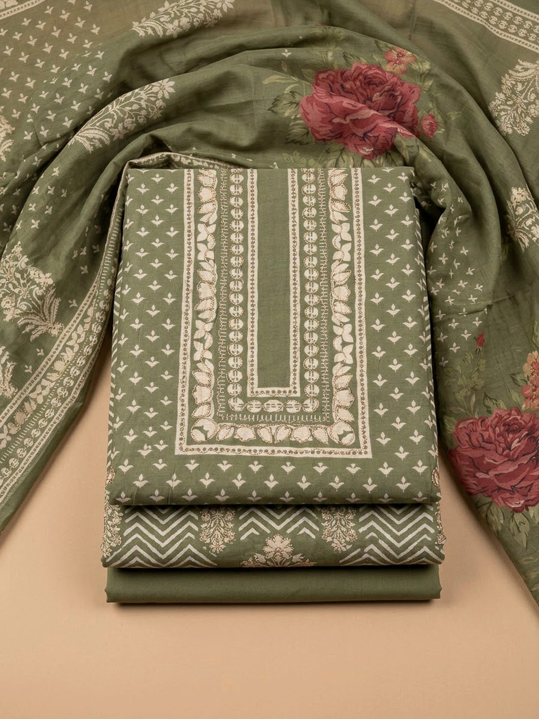 Aqua Green Cotton Blend Embroidered Unstitched Dress Material