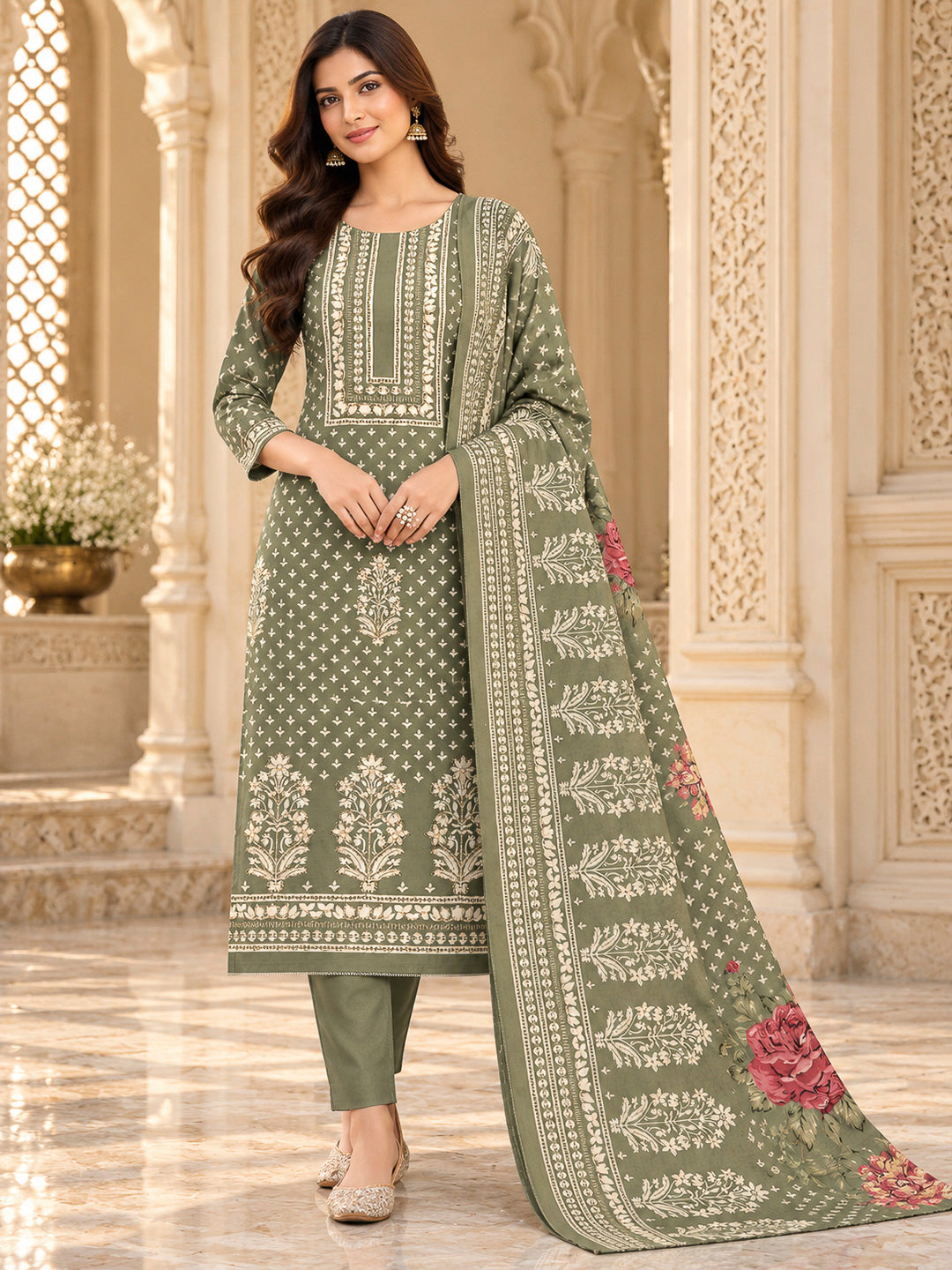 Aqua Green Cotton Blend Embroidered Unstitched Dress Material