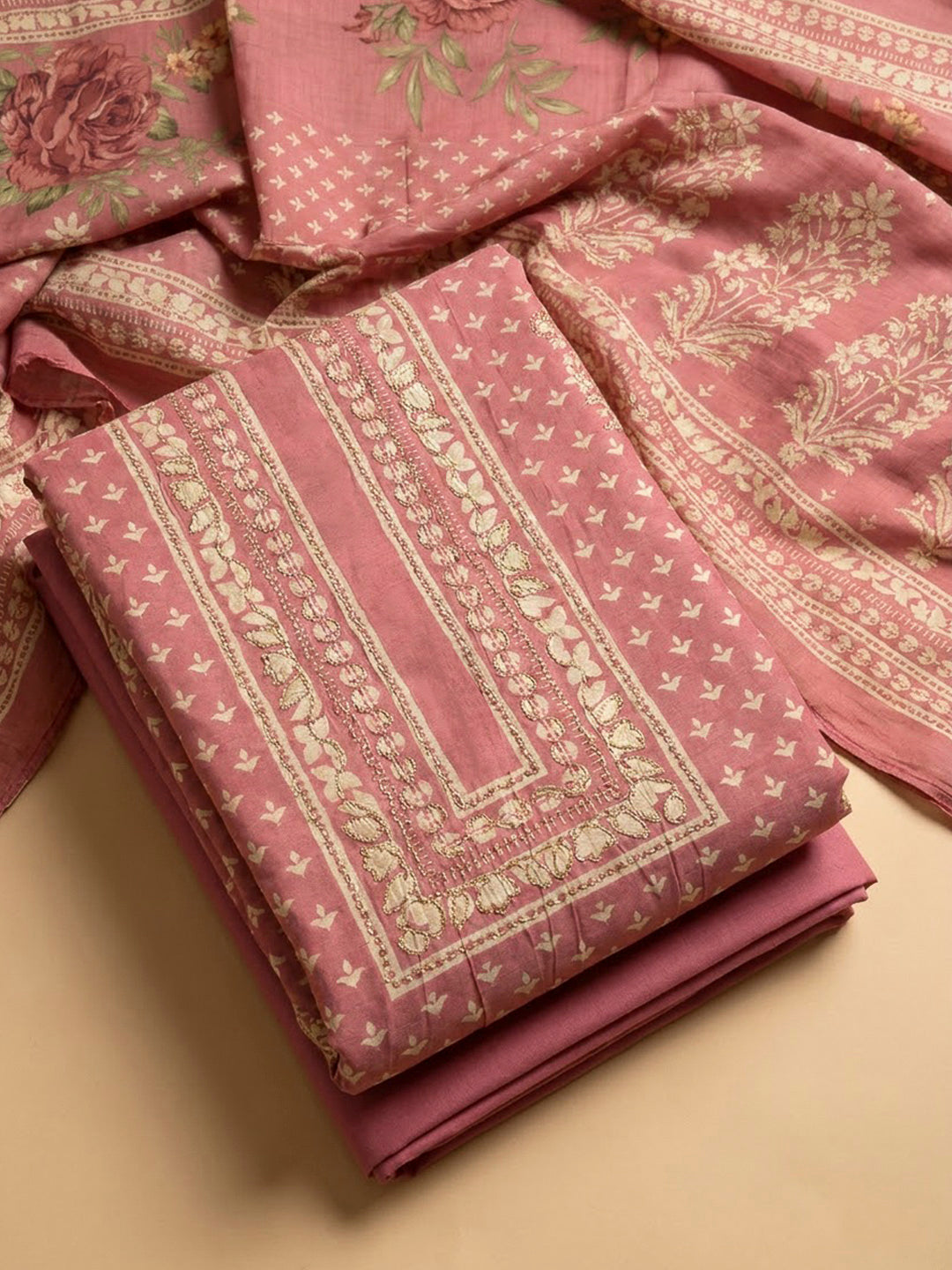 Onion Pink Cotton Blend Embroidered Unstitched Dress Material