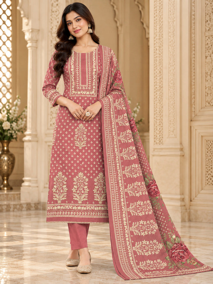 Onion Pink Cotton Blend Embroidered Unstitched Dress Material