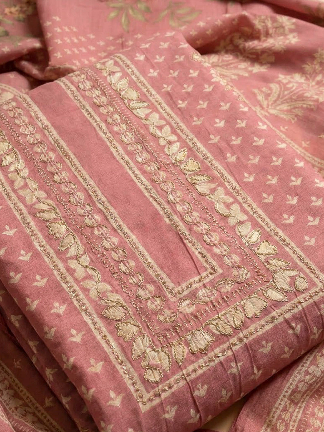 Onion Pink Cotton Blend Embroidered Unstitched Dress Material