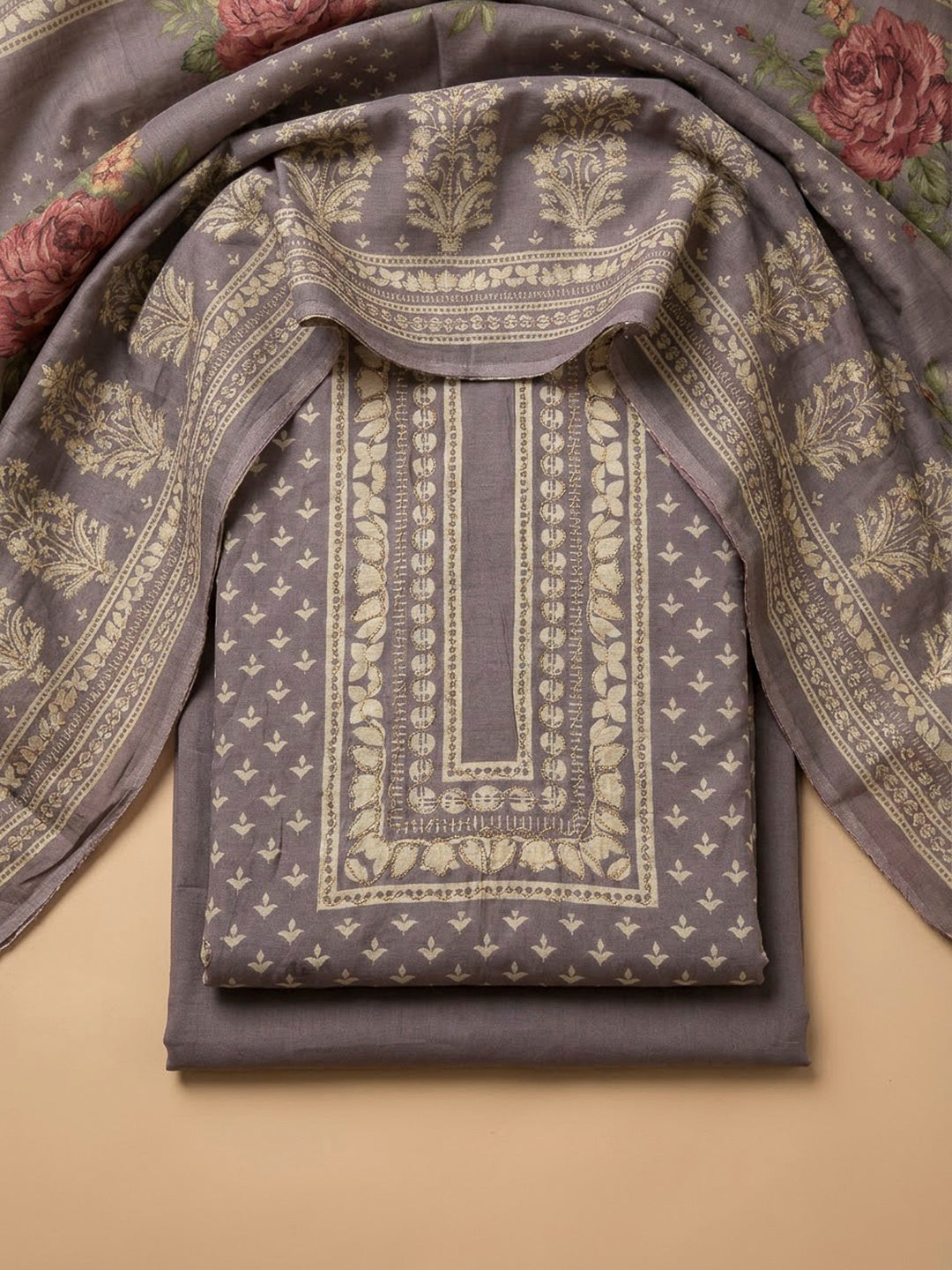 Purple Cotton Blend Embroidered Unstitched Dress Material