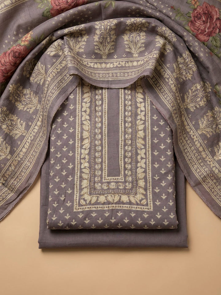 Purple Cotton Blend Embroidered Unstitched Dress Material