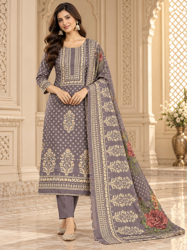 Purple Cotton Blend Embroidered Unstitched Dress Material