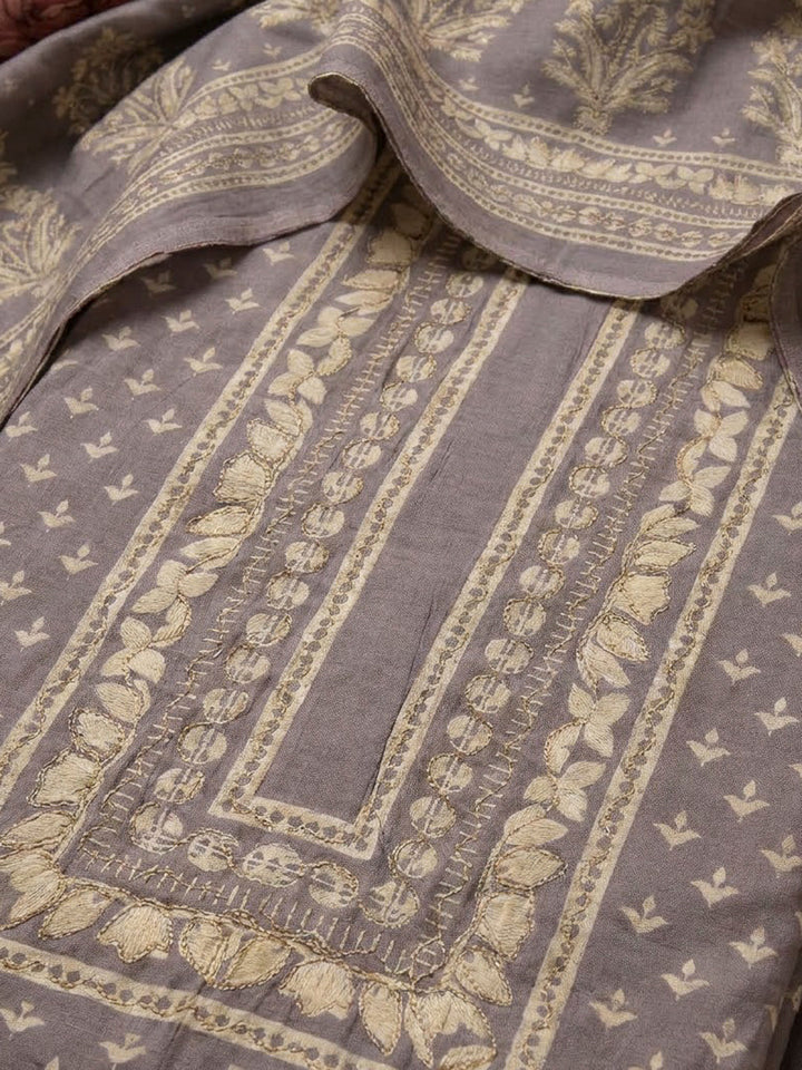 Purple Cotton Blend Embroidered Unstitched Dress Material