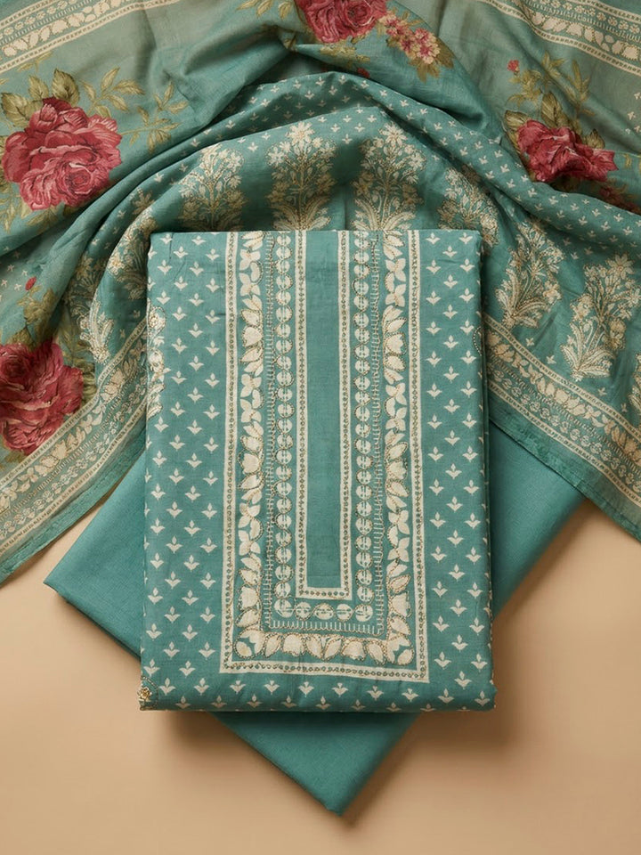 Rama Green Cotton Blend Embroidered Unstitched Dress Material