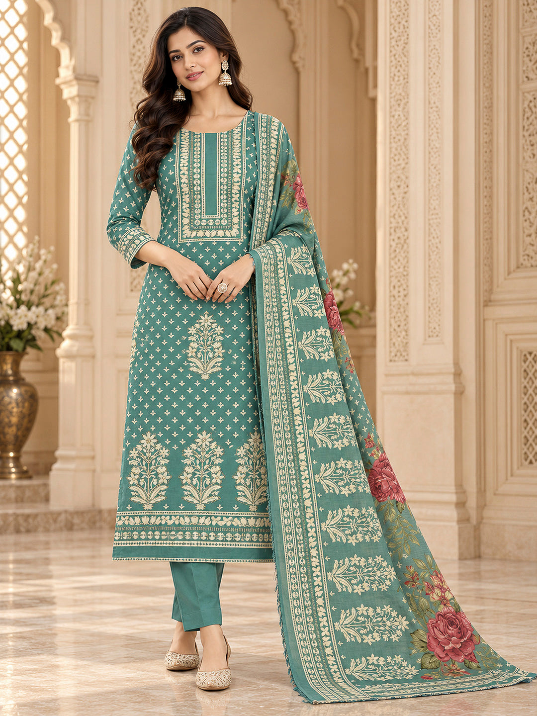 Rama Green Cotton Blend Embroidered Unstitched Dress Material