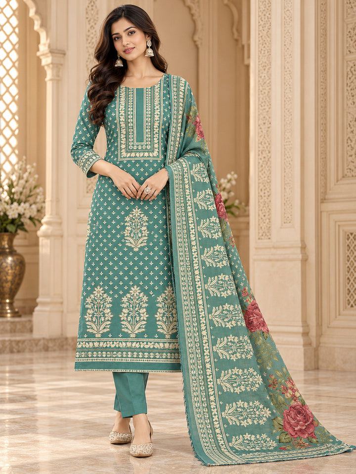 Rama Green Cotton Blend Embroidered Unstitched Dress Material