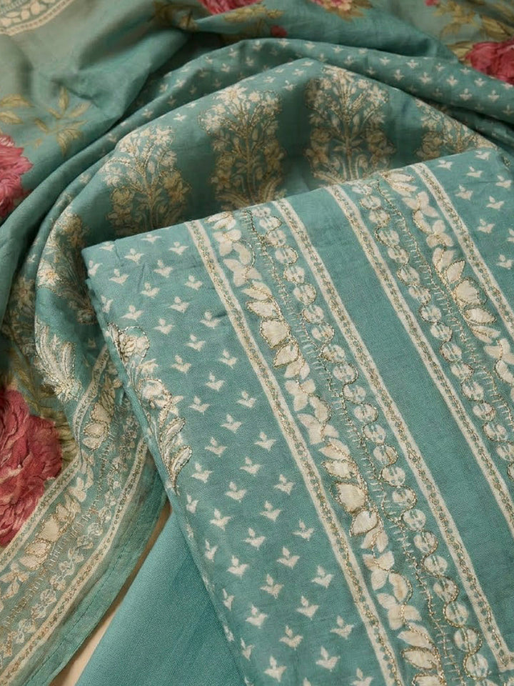 Rama Green Cotton Blend Embroidered Unstitched Dress Material