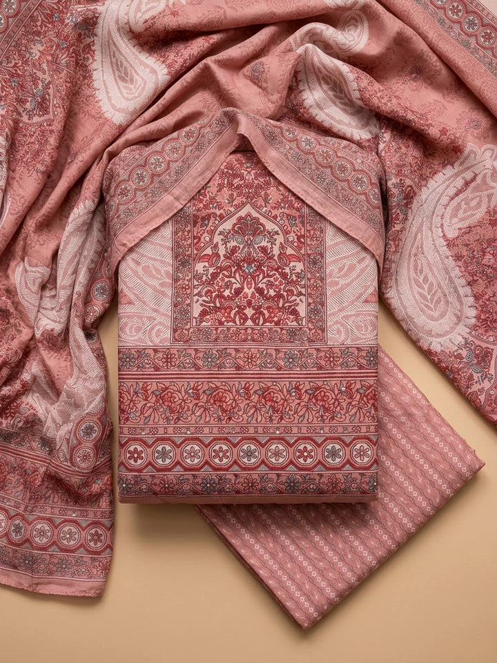 Peach Cotton Blend Printed Unstitched Dress Material