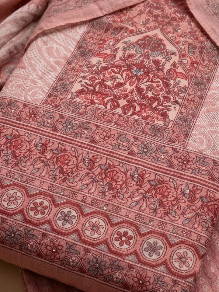 Peach Cotton Blend Printed Unstitched Dress Material