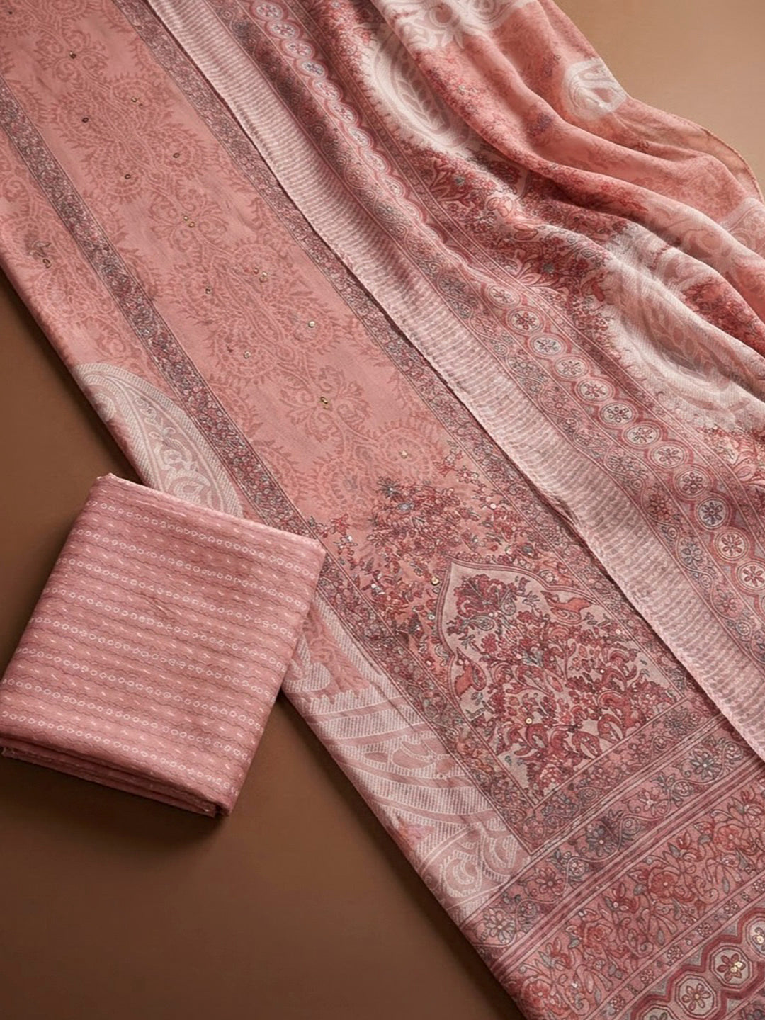 Peach Cotton Blend Printed Unstitched Dress Material