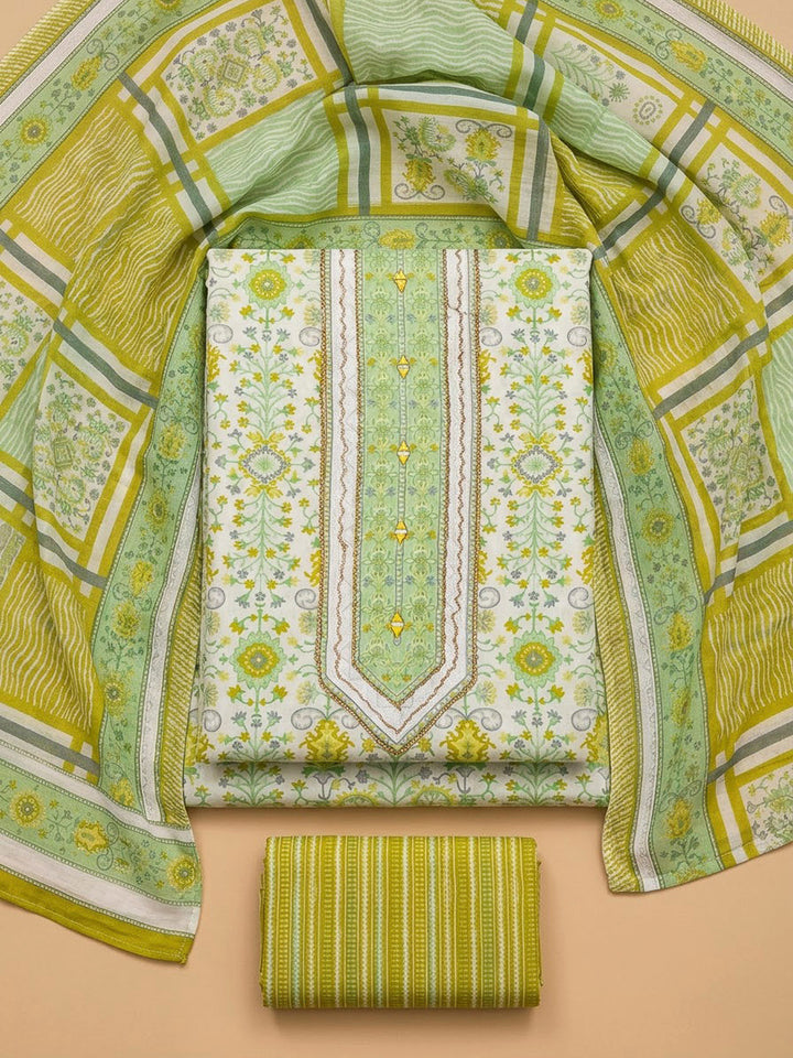 Pista Green Cotton Blend Printed Unstitched Dress Material