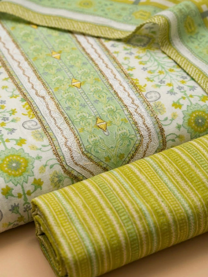 Pista Green Cotton Blend Printed Unstitched Dress Material