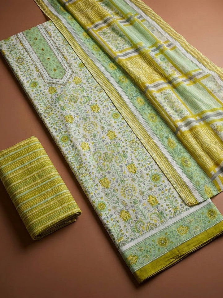 Pista Green Cotton Blend Printed Unstitched Dress Material