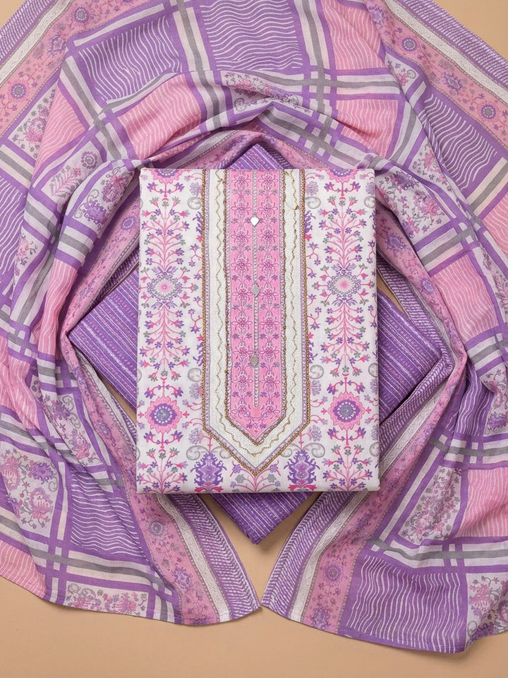 Purple Cotton Blend Printed Unstitched Dress Material