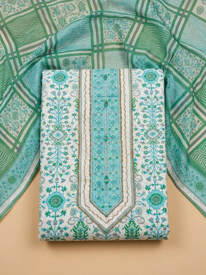 Sea Green Cotton Blend Printed Unstitched Dress Material