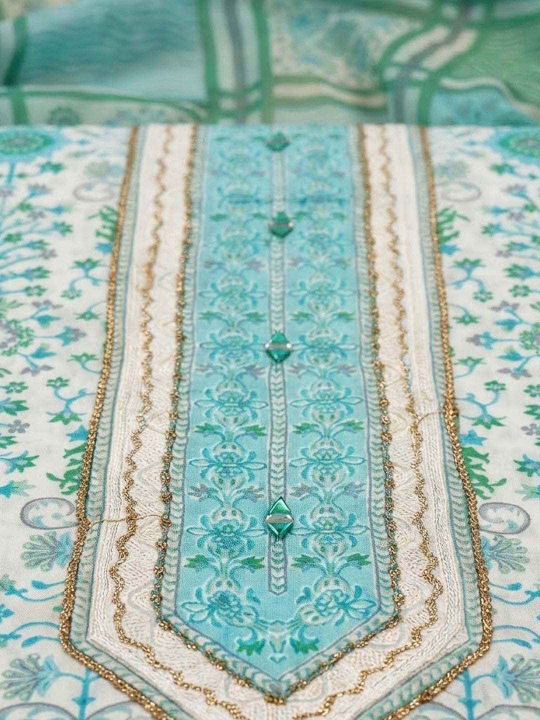 Sea Green Cotton Blend Printed Unstitched Dress Material