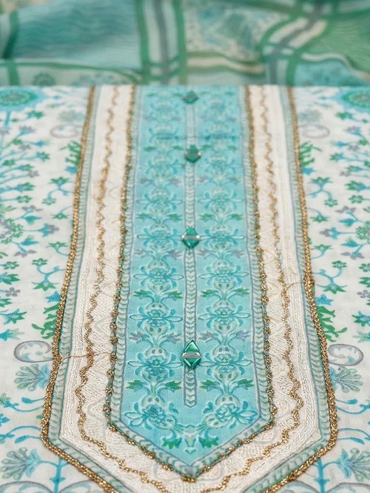 Sea Green Cotton Blend Printed Unstitched Dress Material