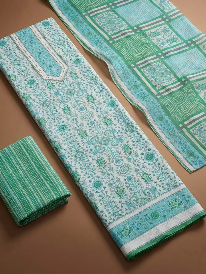 Sea Green Cotton Blend Printed Unstitched Dress Material