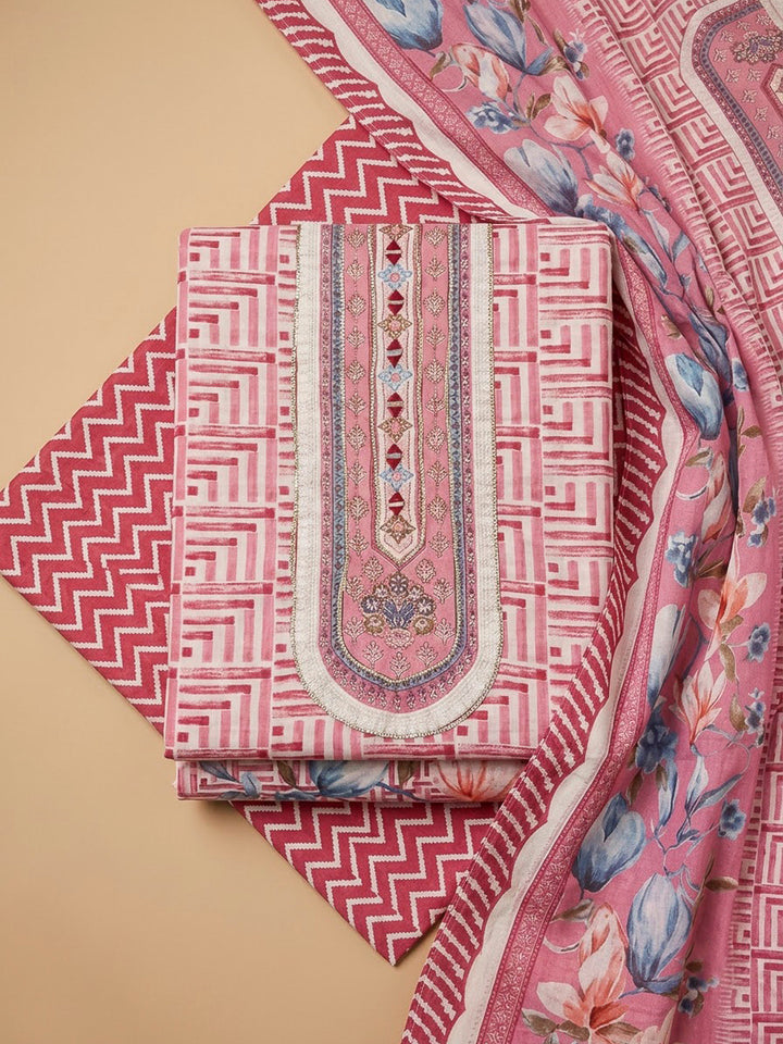 Onion Pink Cotton Blend Printed Unstitched Dress Material