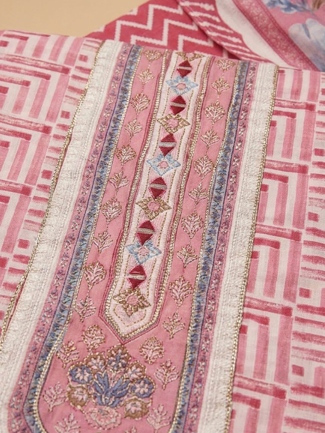 Onion Pink Cotton Blend Printed Unstitched Dress Material