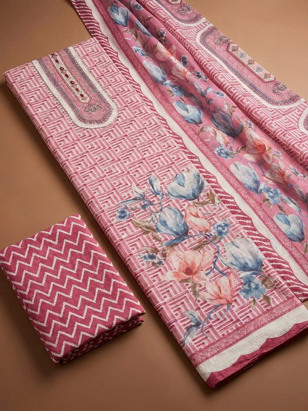 Onion Pink Cotton Blend Printed Unstitched Dress Material