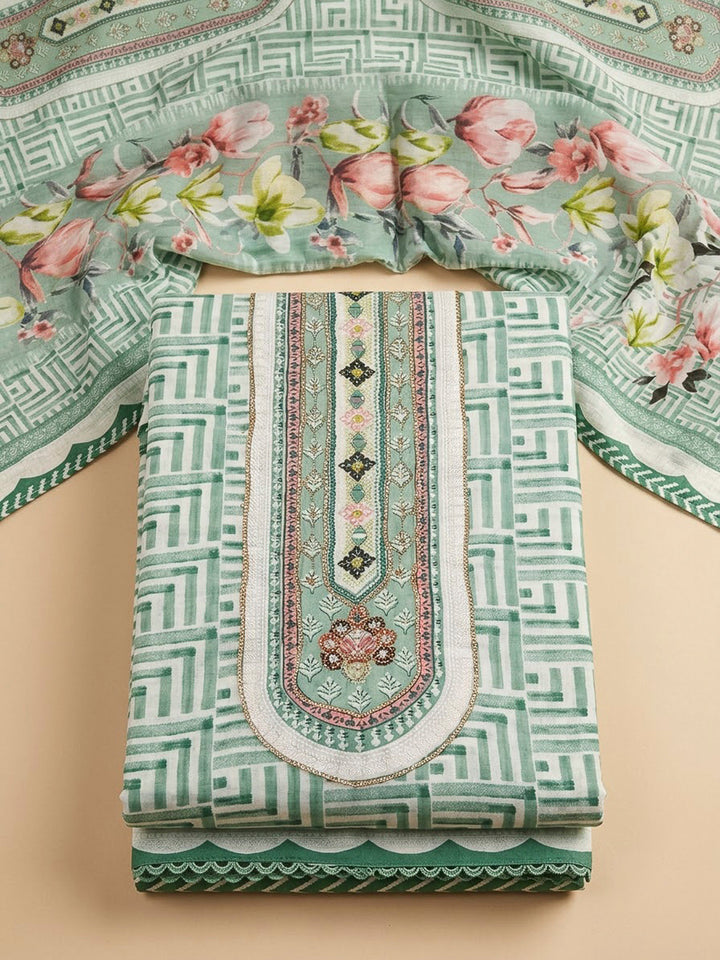 Rama Green Cotton Blend Printed Unstitched Dress Material