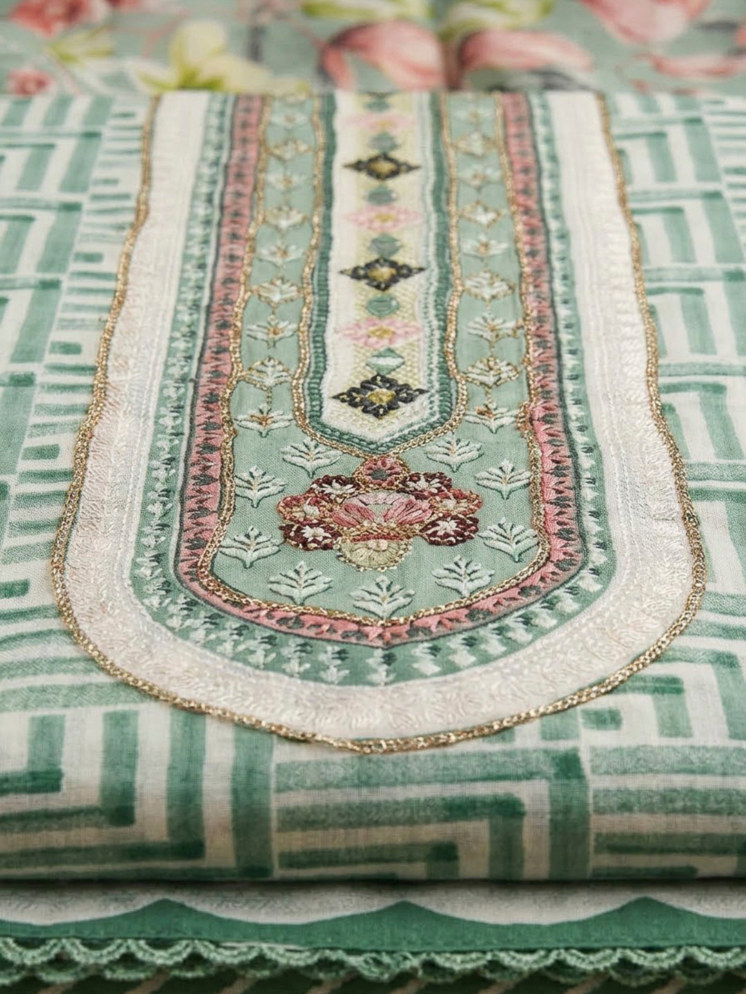 Rama Green Cotton Blend Printed Unstitched Dress Material