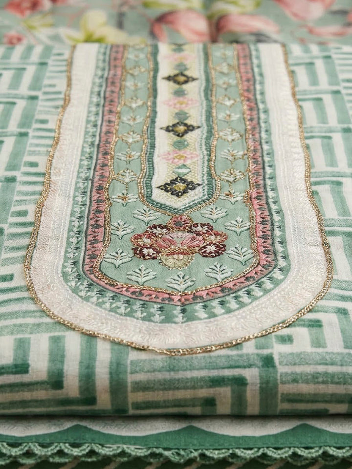 Rama Green Cotton Blend Printed Unstitched Dress Material