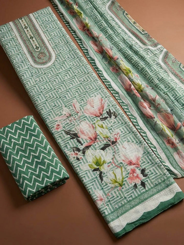 Rama Green Cotton Blend Printed Unstitched Dress Material