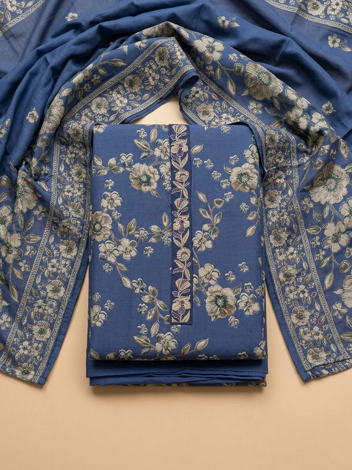 Blue Cotton Blend Printed Unstitched Dress Material
