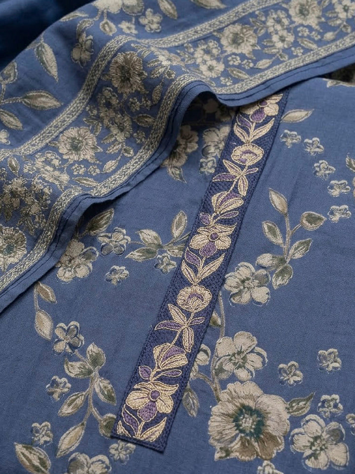 Blue Cotton Blend Printed Unstitched Dress Material