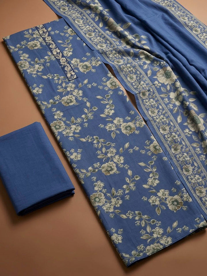 Blue Cotton Blend Printed Unstitched Dress Material