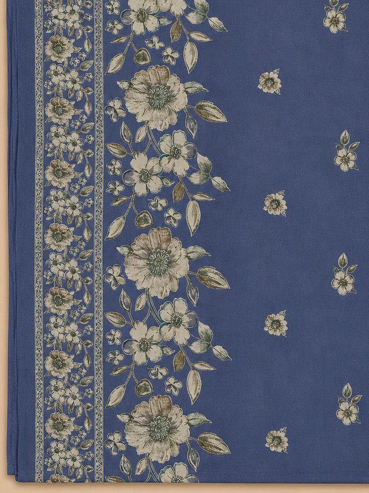 Blue Cotton Blend Printed Unstitched Dress Material
