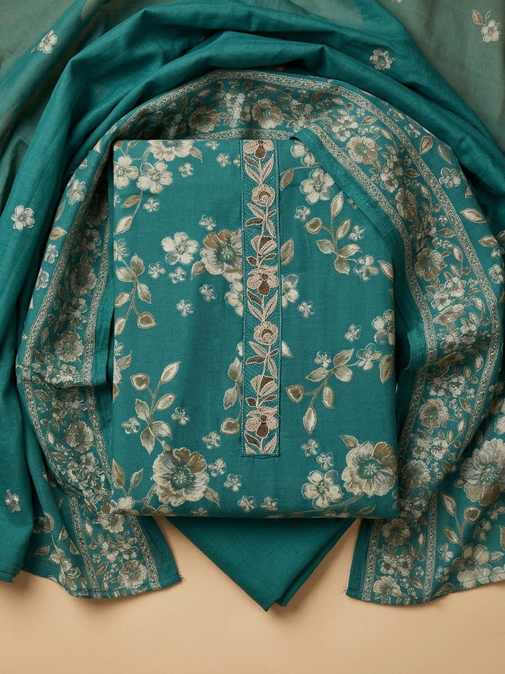 Rama Green Cotton Blend Printed Unstitched Dress Material
