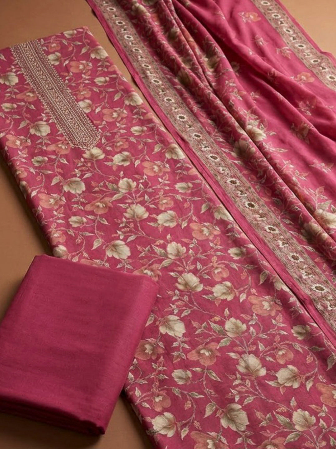 Onion Pink Cotton Blend Printed Unstitched Dress Material