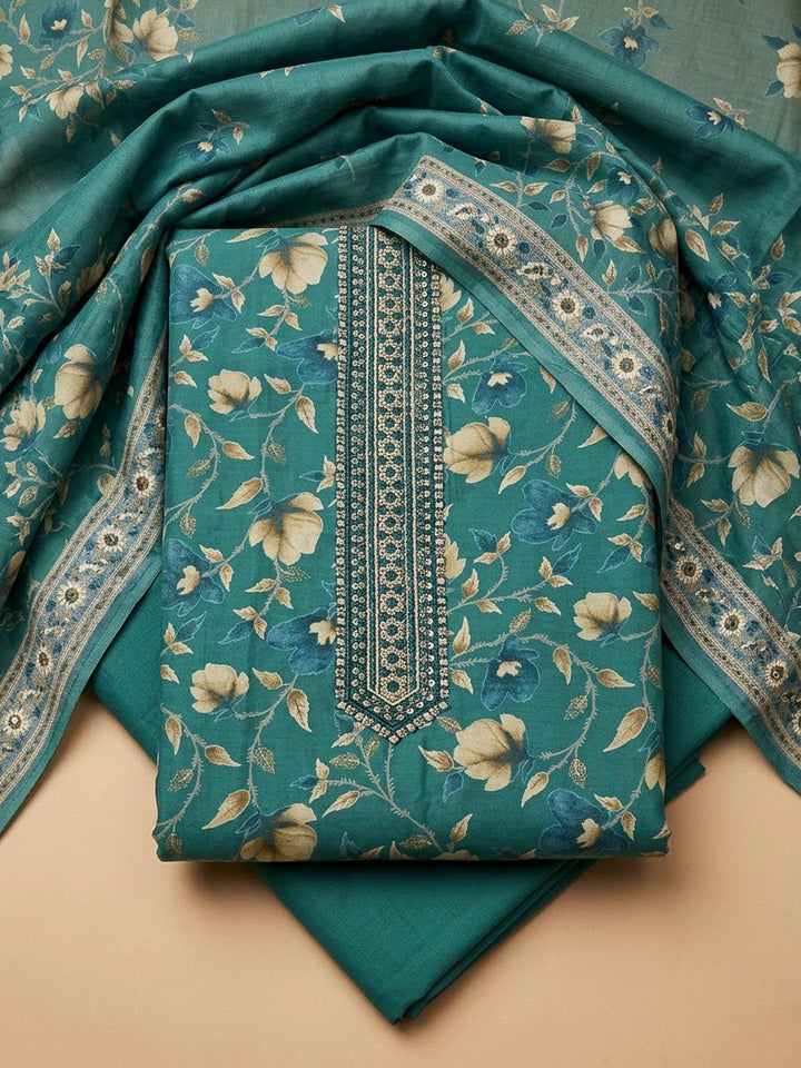 Rama Green Cotton Blend Printed Unstitched Dress Material