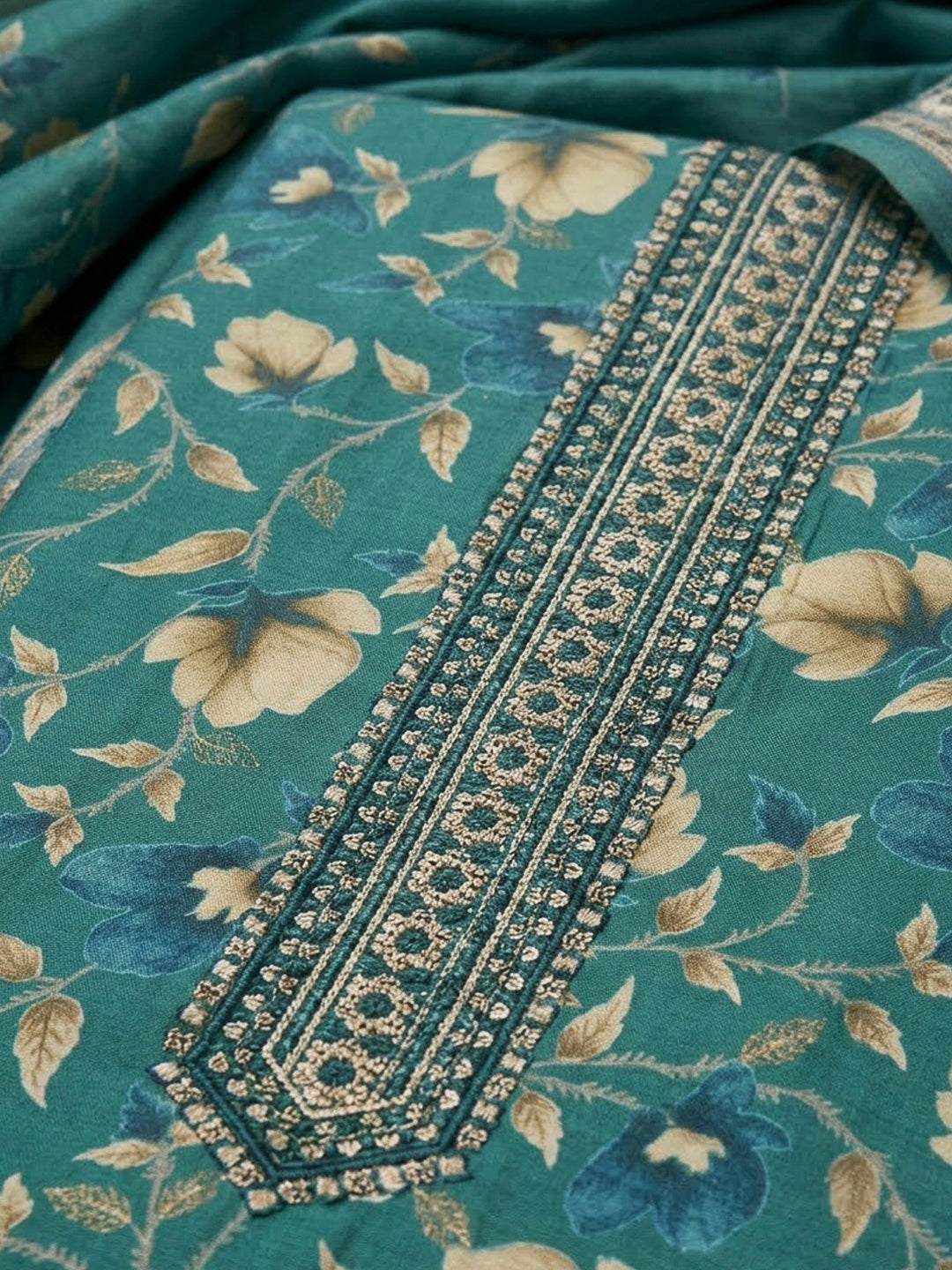 Rama Green Cotton Blend Printed Unstitched Dress Material