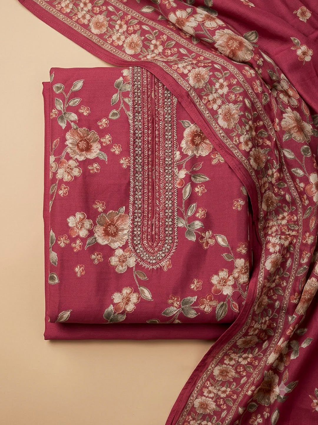 Onion Pink Cotton Blend Printed Unstitched Dress Material