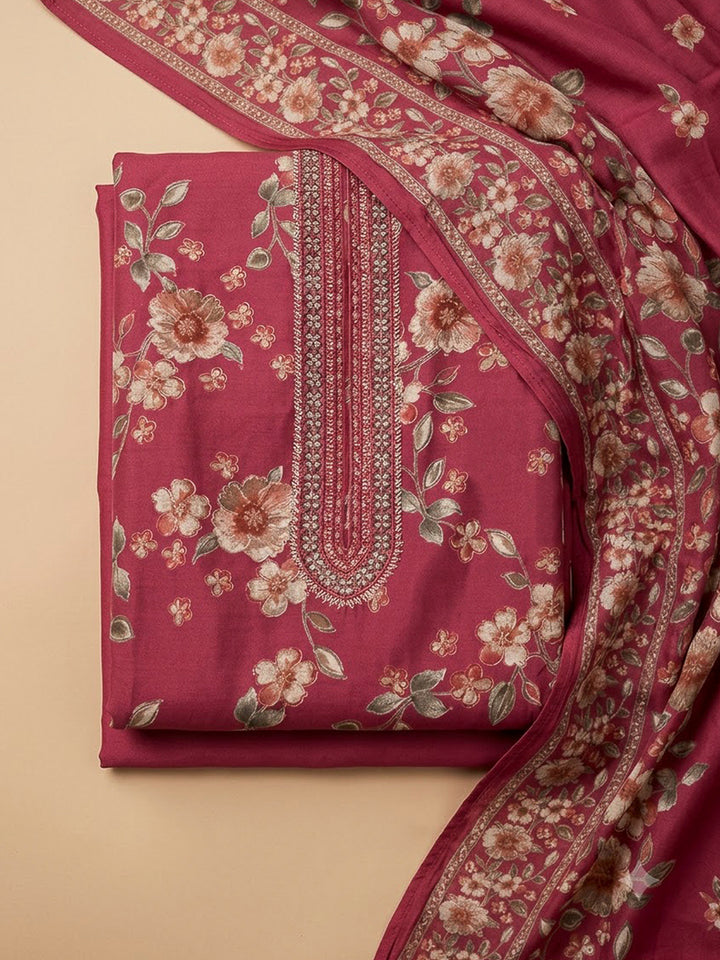 Onion Pink Cotton Blend Printed Unstitched Dress Material