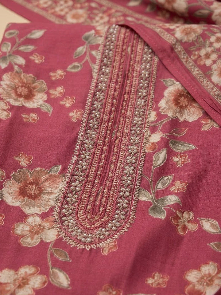 Onion Pink Cotton Blend Printed Unstitched Dress Material