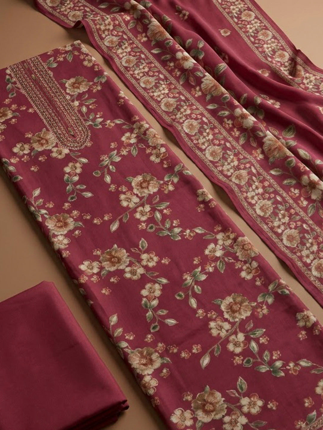 Onion Pink Cotton Blend Printed Unstitched Dress Material