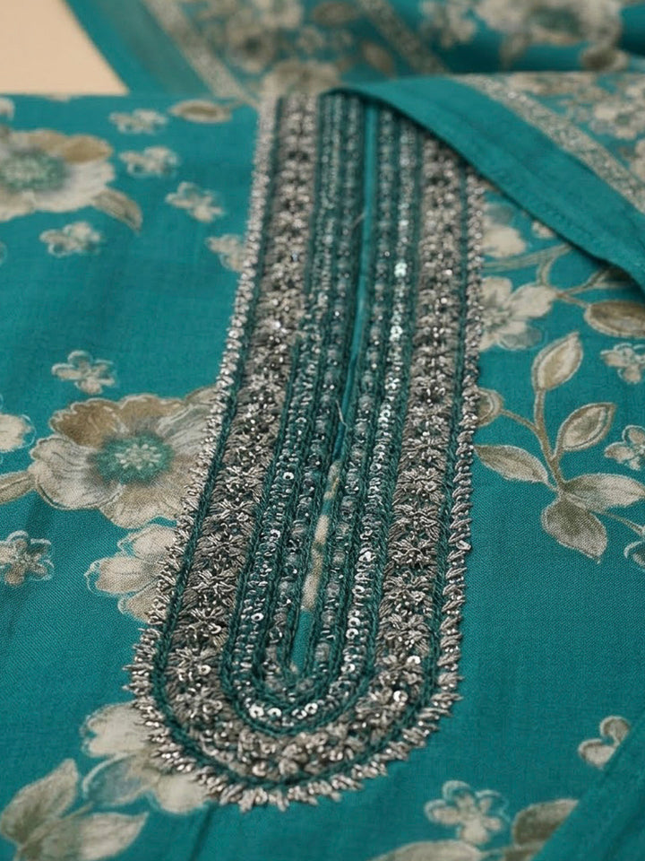Rama Green Cotton Blend Printed Unstitched Dress Material