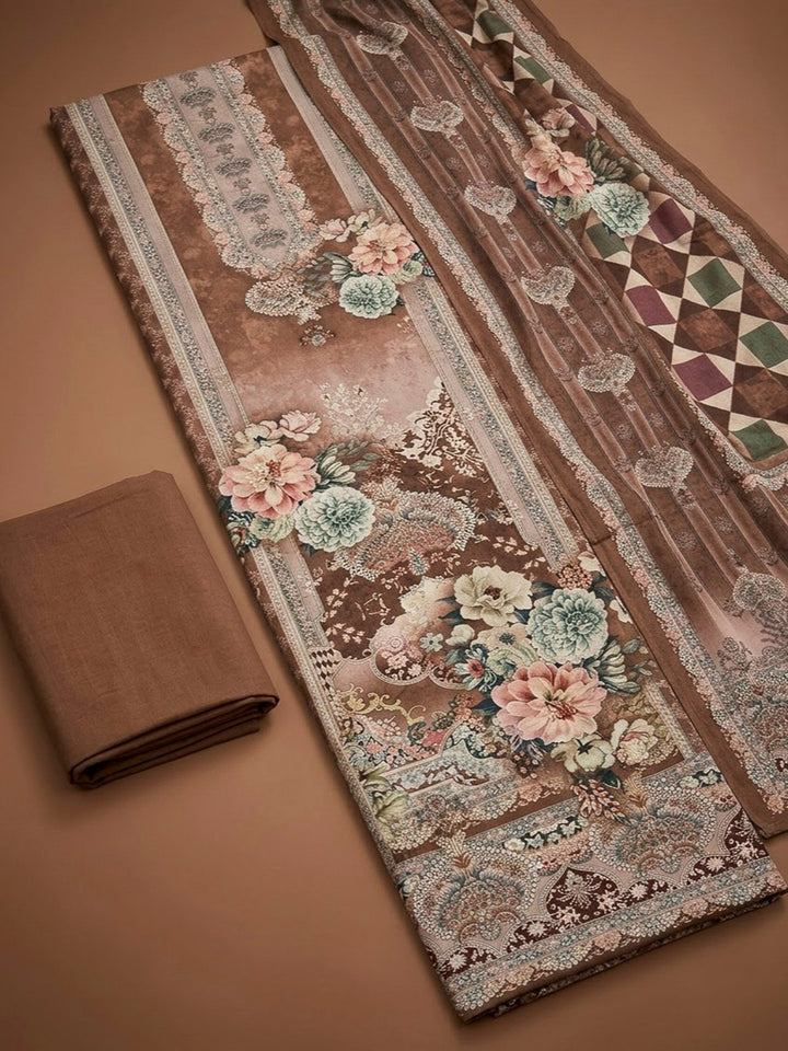 Brown Crepe Printed Unstitched Dress Material