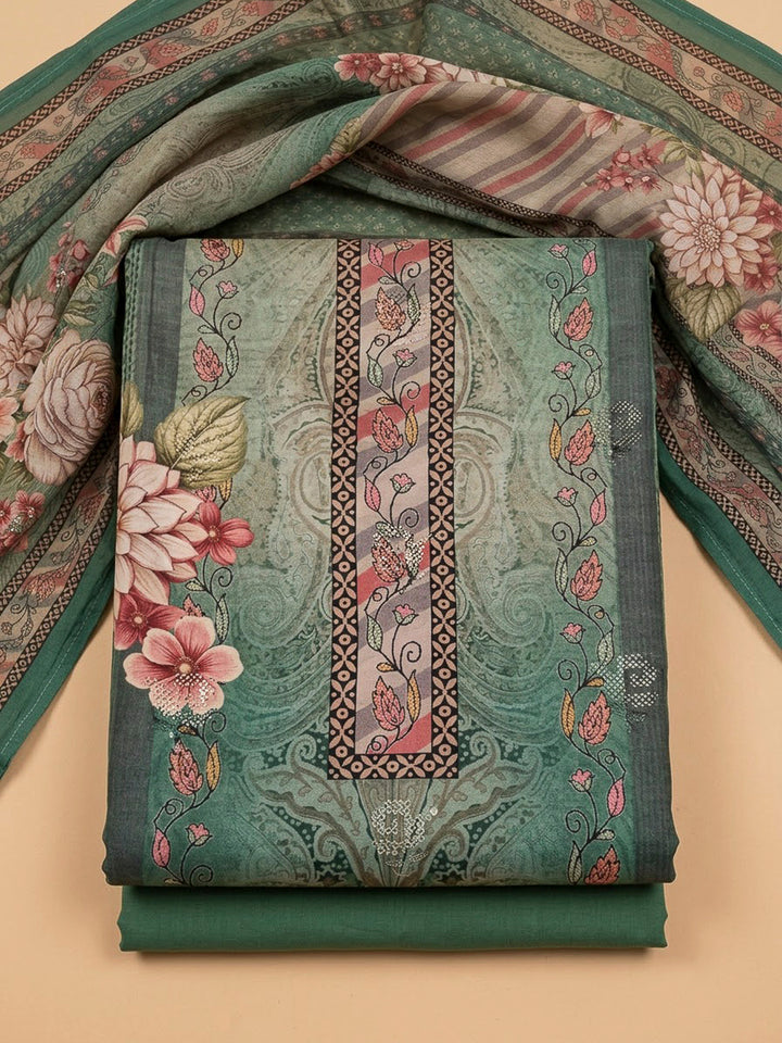 Green Crepe Printed Unstitched Dress Material