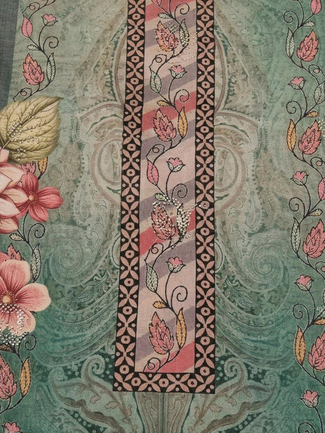Green Crepe Printed Unstitched Dress Material
