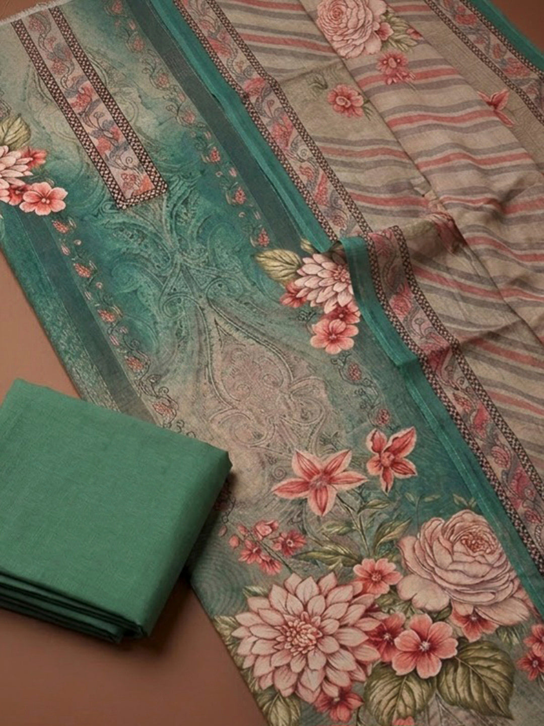 Green Crepe Printed Unstitched Dress Material